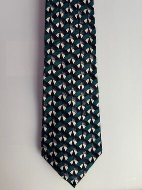 Vintage Martin Wong Teal & Black Art Deco Geometric Silk Tie
